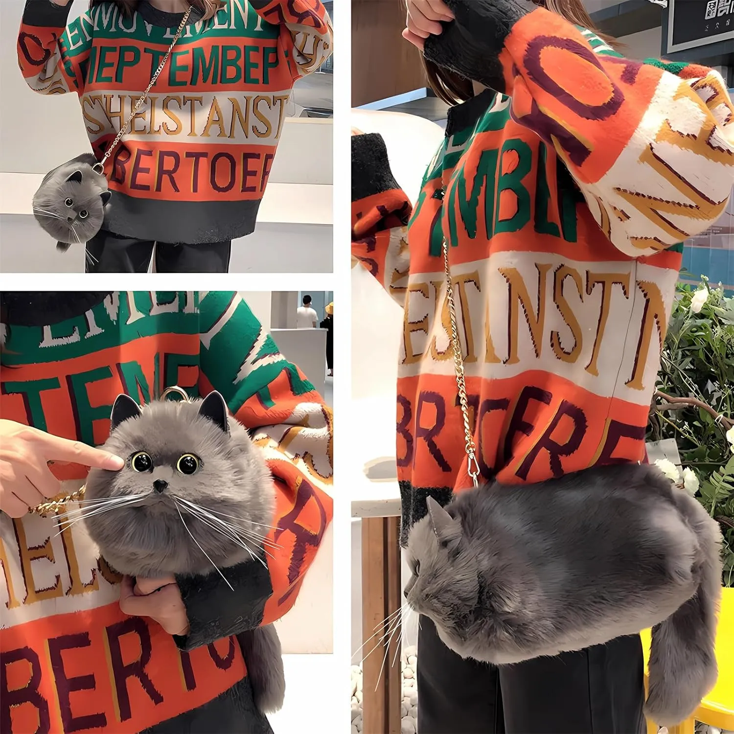 HUIJUFU Realistic Puffy Plush Cat Shaped Crossbody Handbag for Women