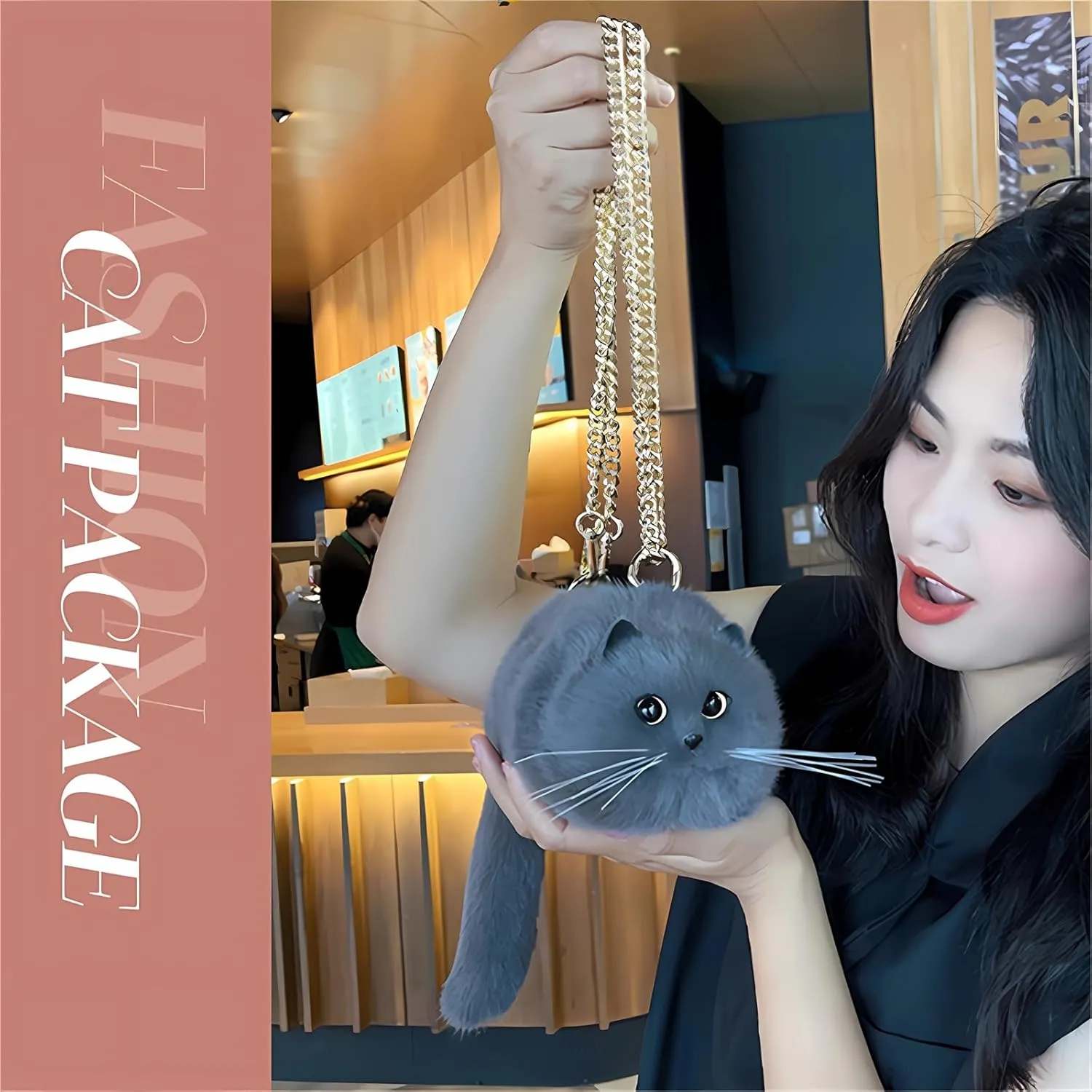 HUIJUFU Realistic Puffy Plush Cat Shaped Crossbody Handbag for Women