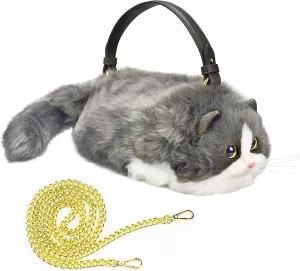 HUIJUFU Realistic Puffy Plush Cat Shaped Crossbody Handbag for Women
