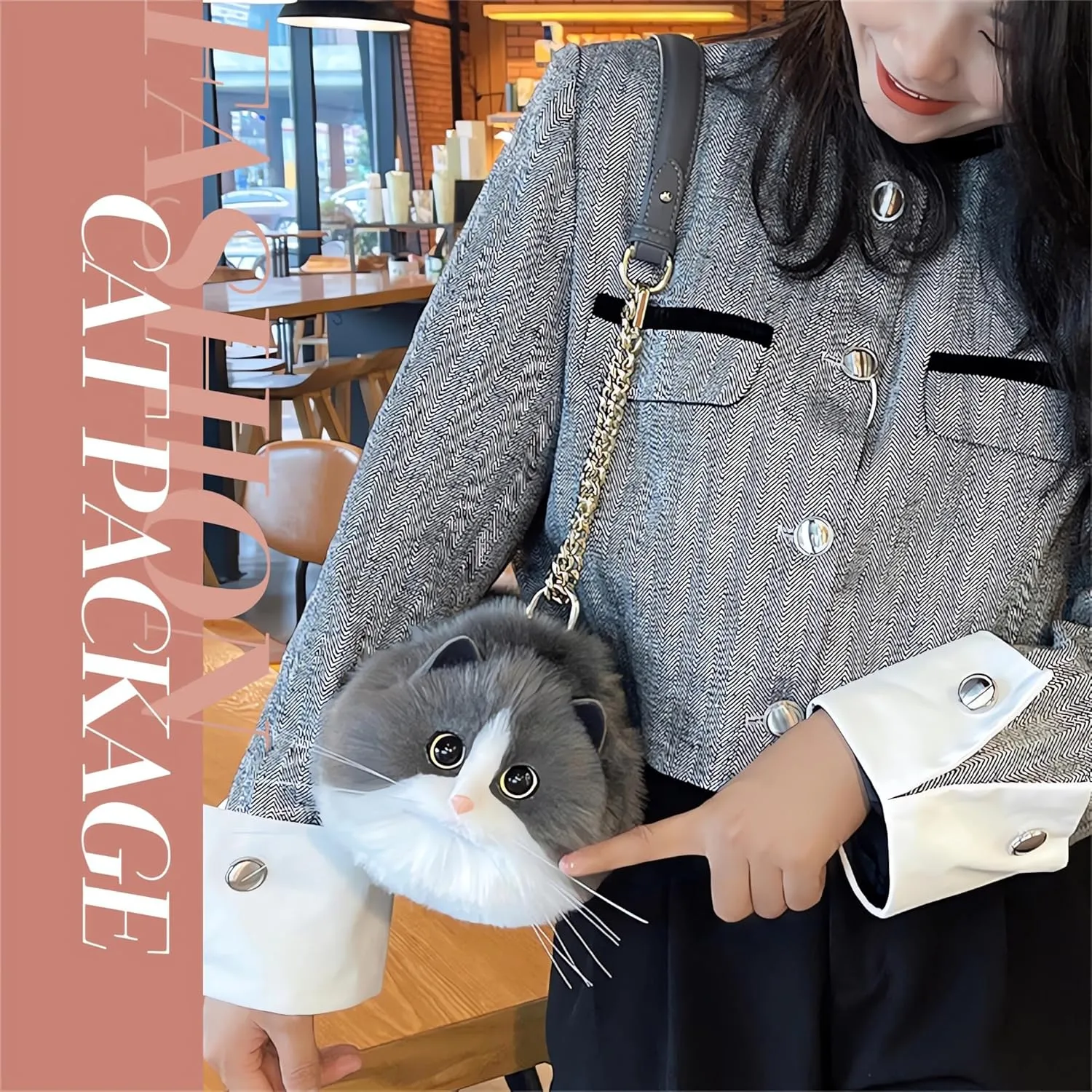 HUIJUFU Realistic Puffy Plush Cat Shaped Crossbody Handbag for Women