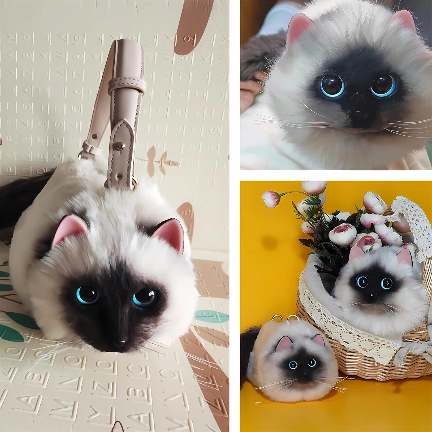 HUIJUFU Realistic Puffy Plush Cat Shaped Crossbody Handbag for Women