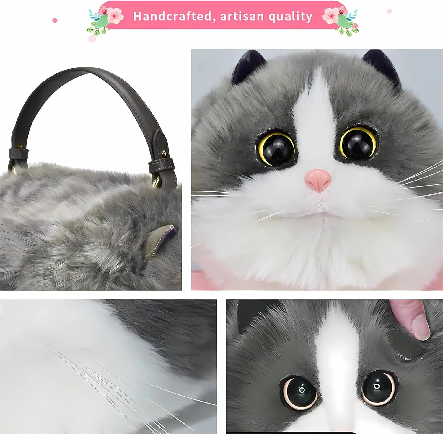 HUIJUFU Realistic Puffy Plush Cat Shaped Crossbody Handbag for Women