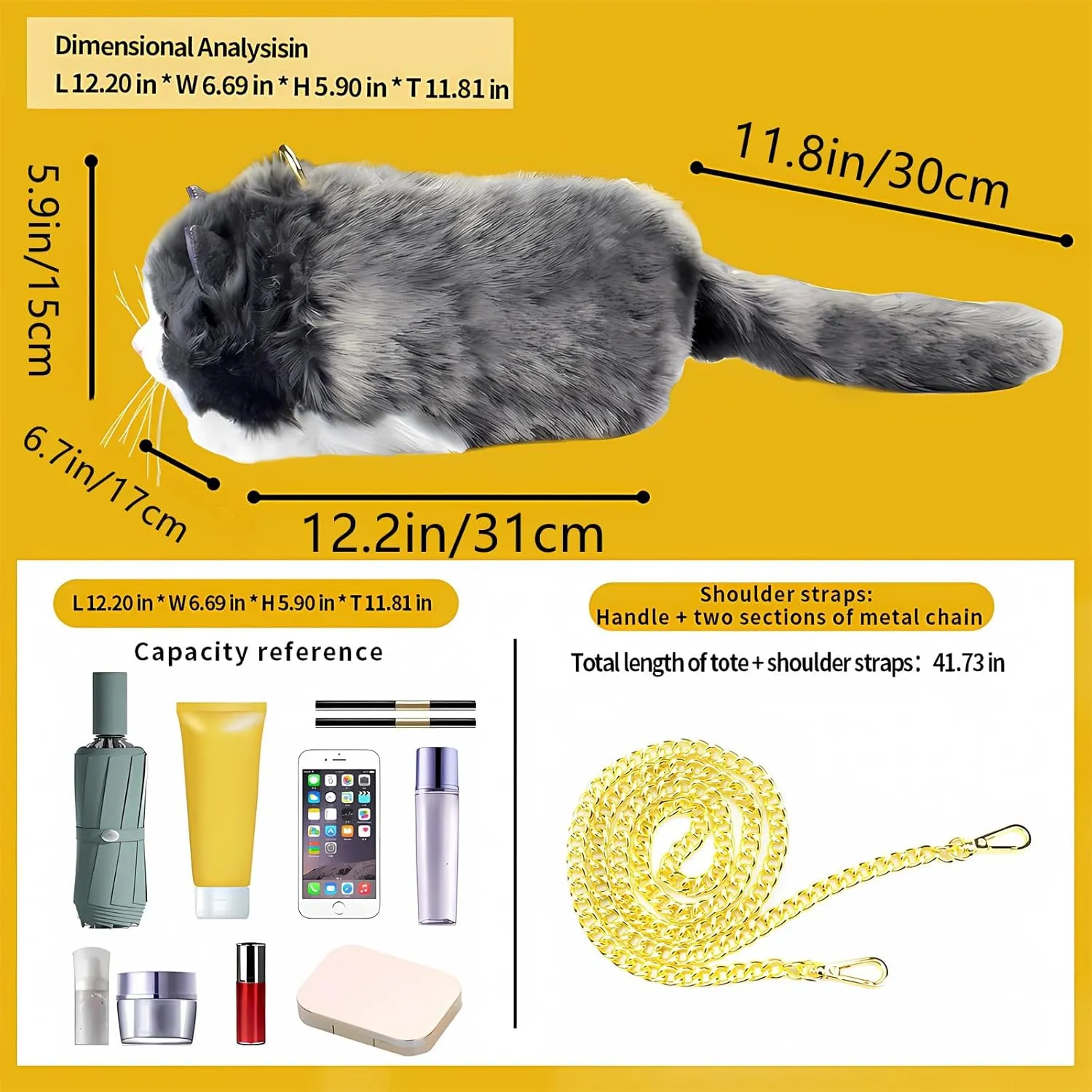 HUIJUFU Realistic Puffy Plush Cat Shaped Crossbody Handbag for Women