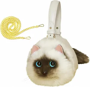 HUIJUFU Realistic Puffy Plush Cat Shaped Crossbody Handbag for Women