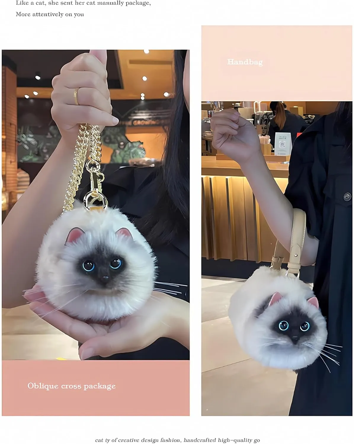 HUIJUFU Realistic Puffy Plush Cat Shaped Crossbody Handbag for Women