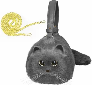 HUIJUFU Realistic Puffy Plush Cat Shaped Crossbody Handbag for Women