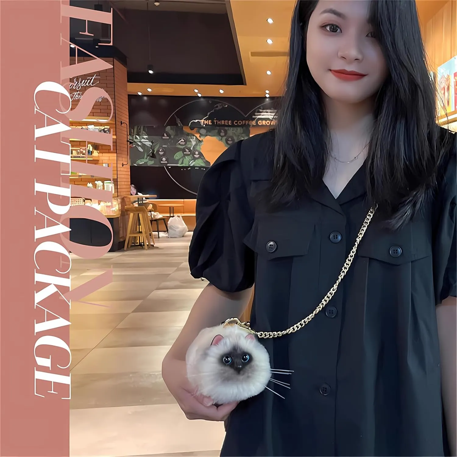 HUIJUFU Realistic Puffy Plush Cat Shaped Crossbody Handbag for Women