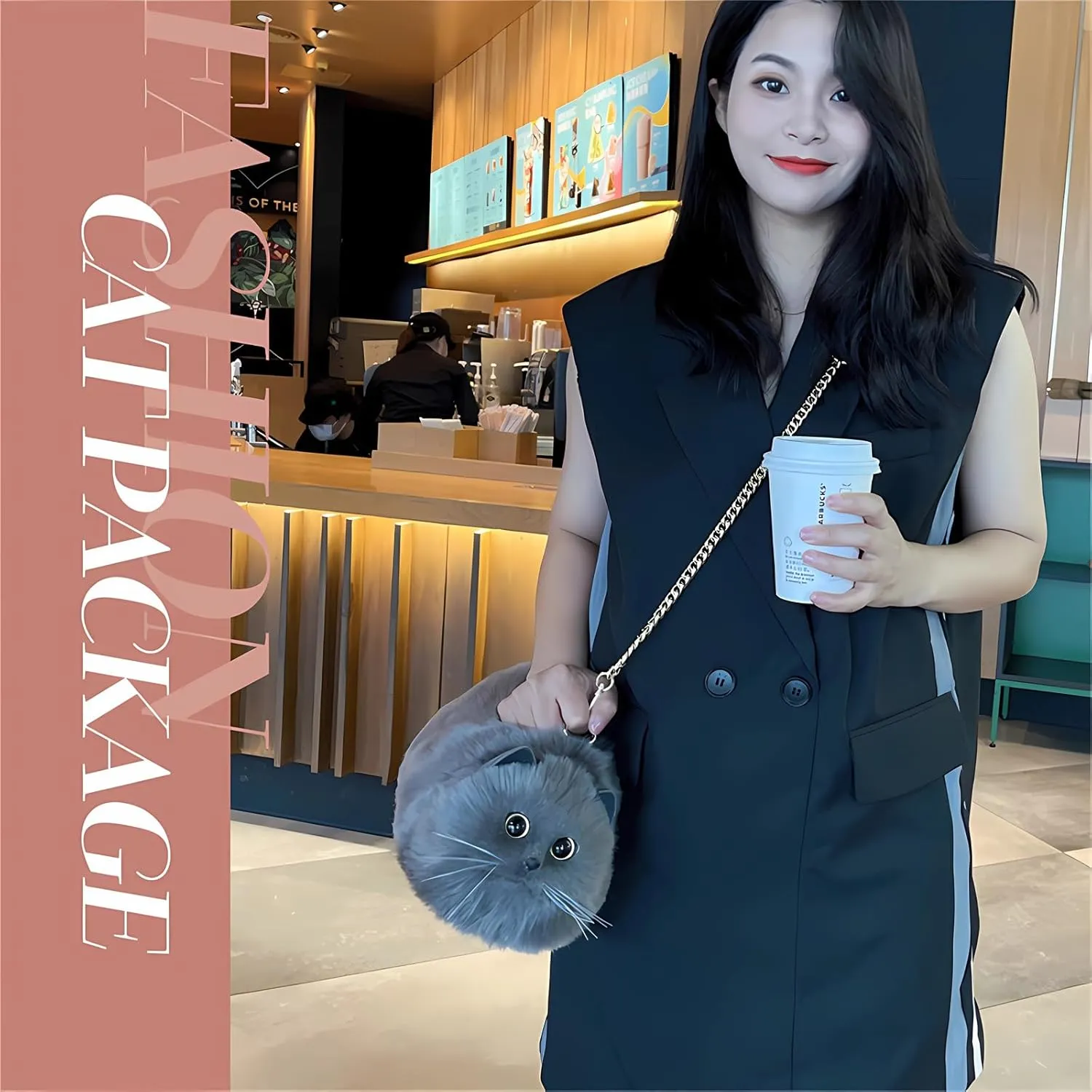 HUIJUFU Realistic Puffy Plush Cat Shaped Crossbody Handbag for Women