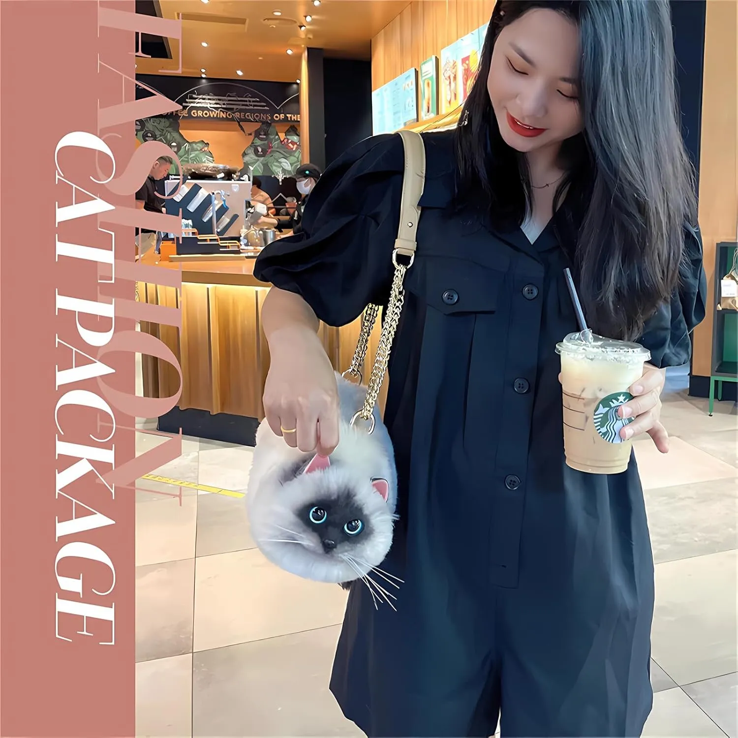 HUIJUFU Realistic Puffy Plush Cat Shaped Crossbody Handbag for Women