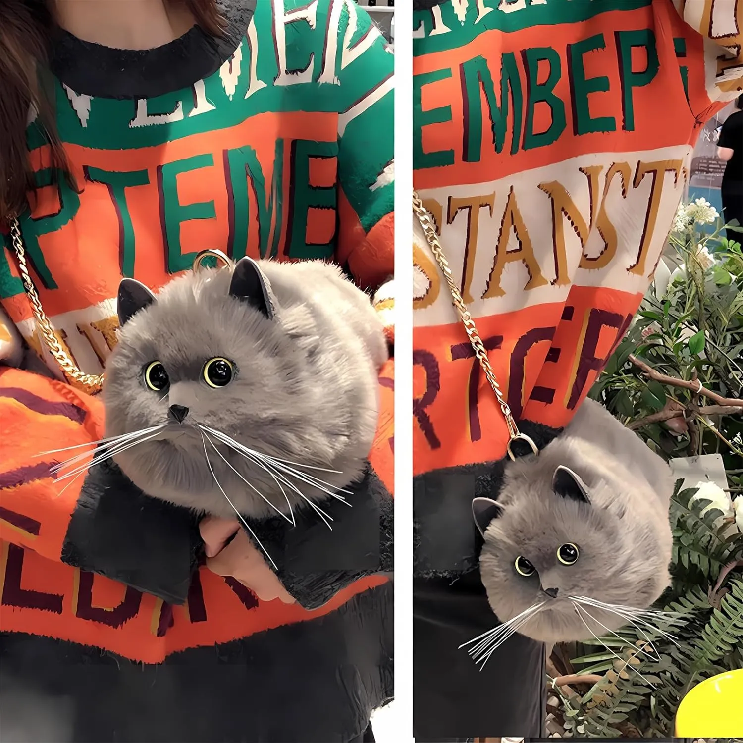 HUIJUFU Realistic Puffy Plush Cat Shaped Crossbody Handbag for Women