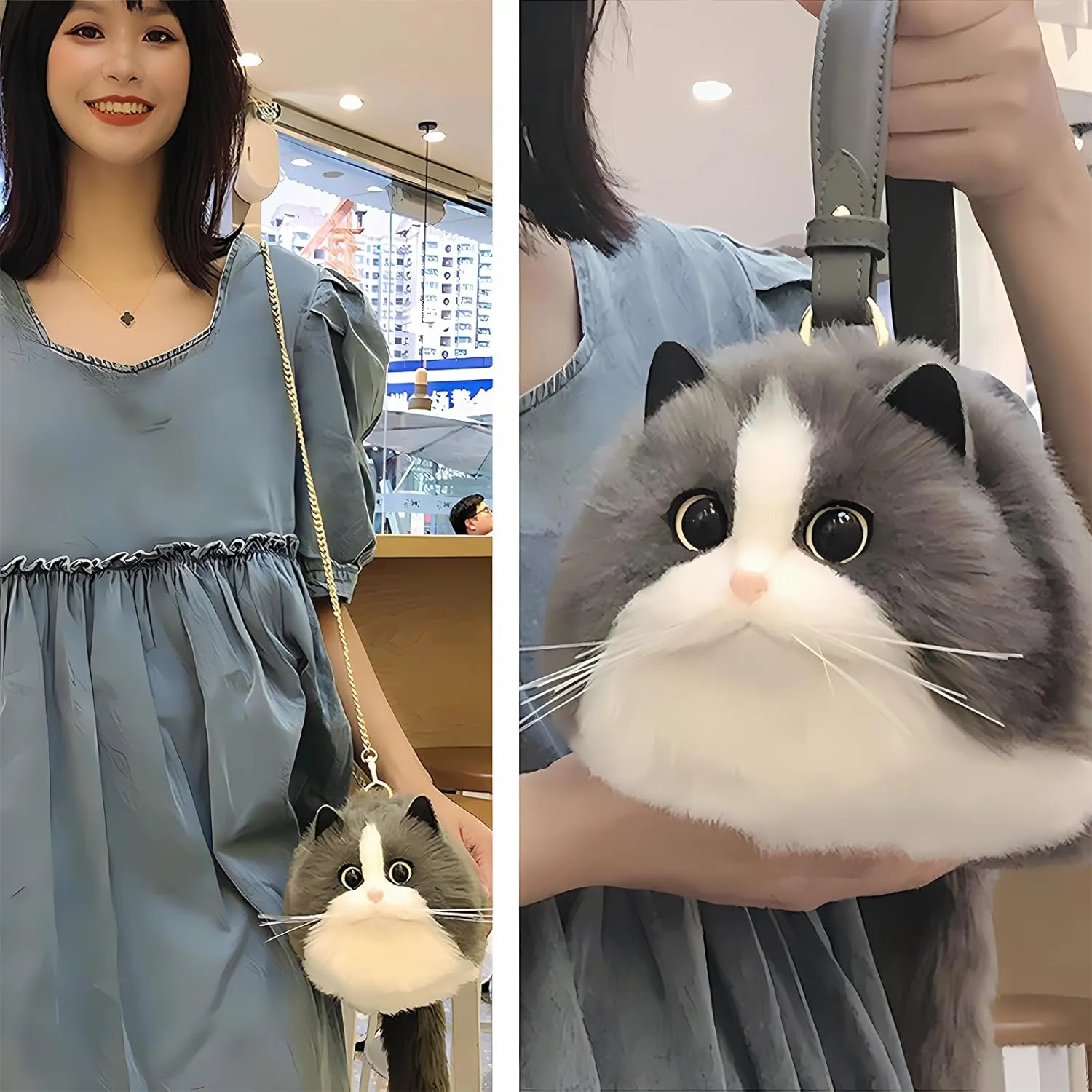 HUIJUFU Realistic Puffy Plush Cat Shaped Crossbody Handbag for Women