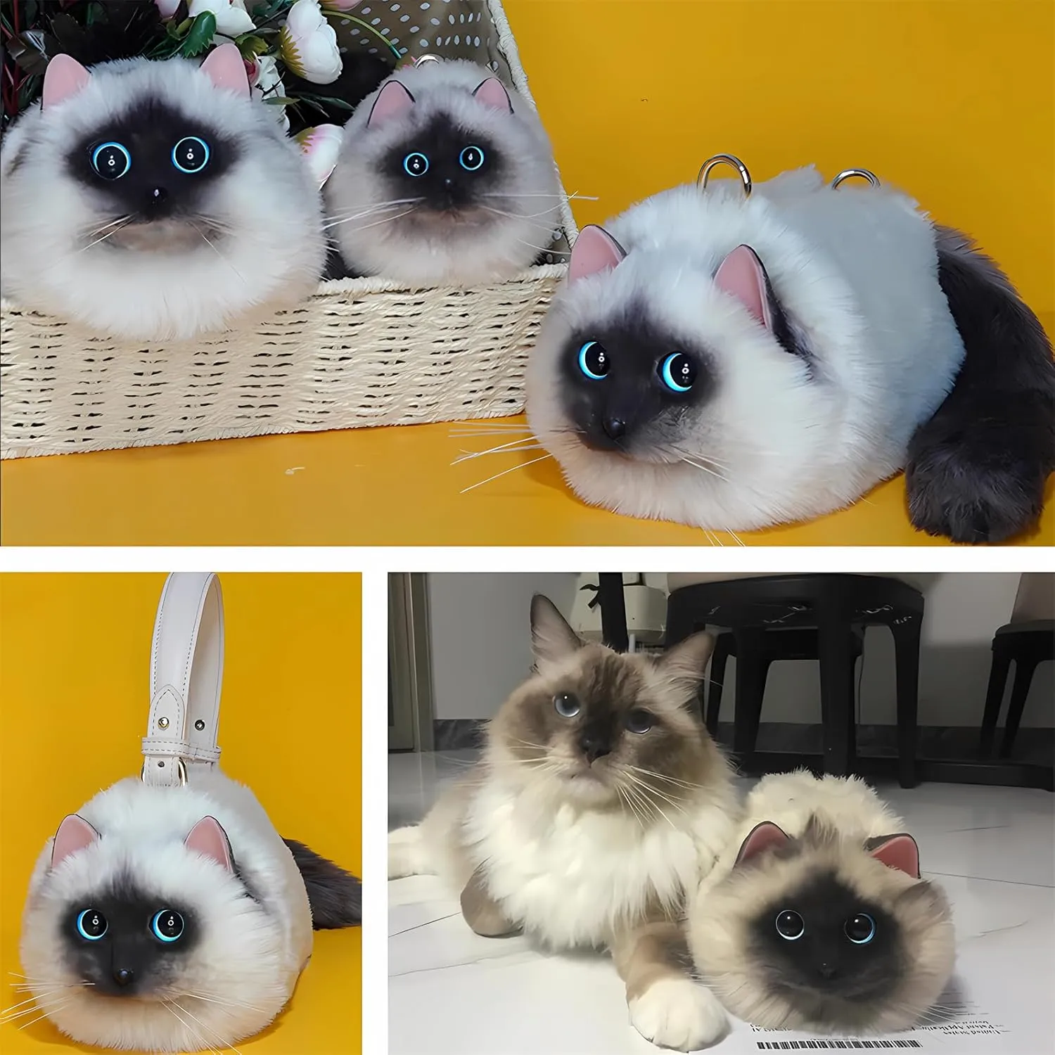 HUIJUFU Realistic Puffy Plush Cat Shaped Crossbody Handbag for Women