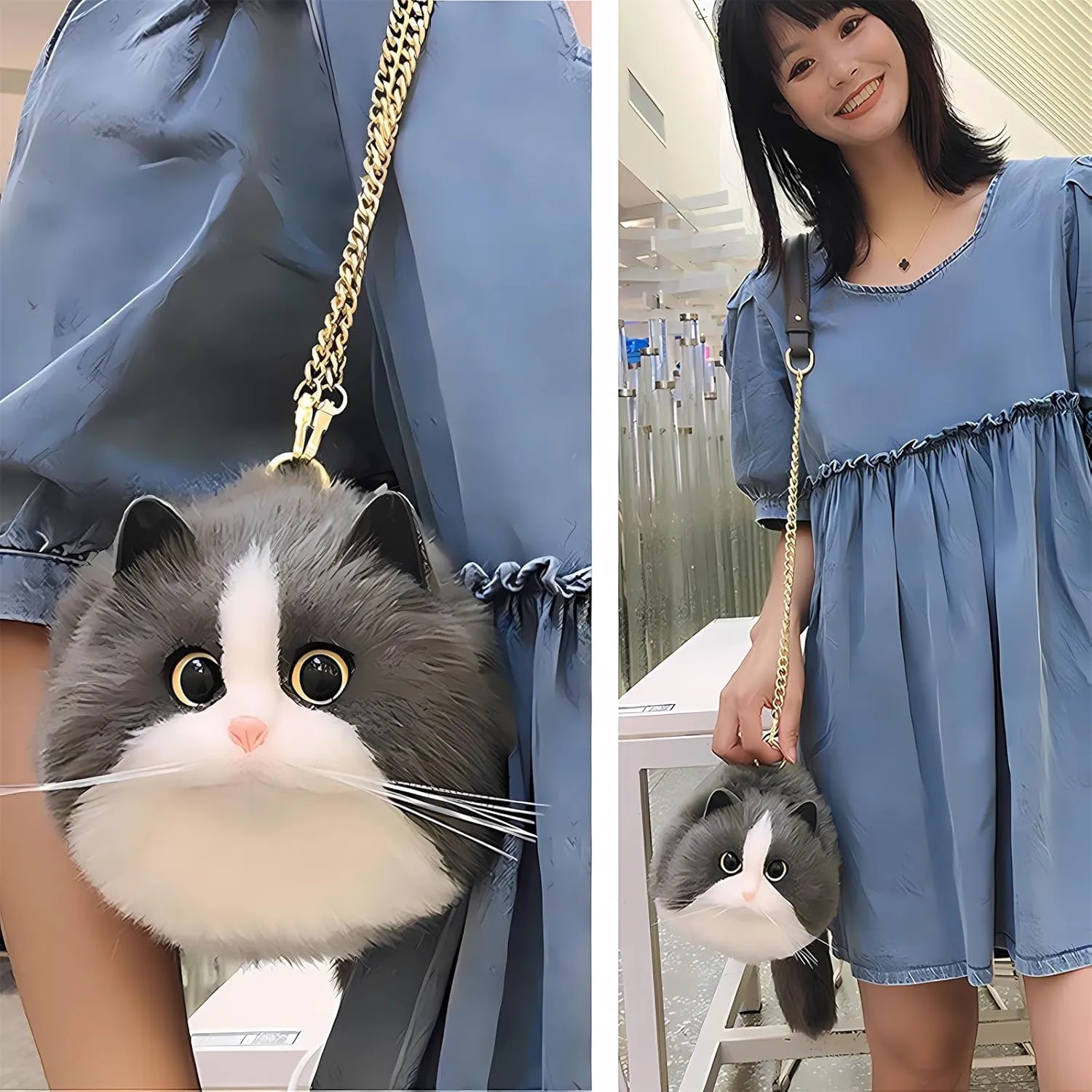 HUIJUFU Realistic Puffy Plush Cat Shaped Crossbody Handbag for Women