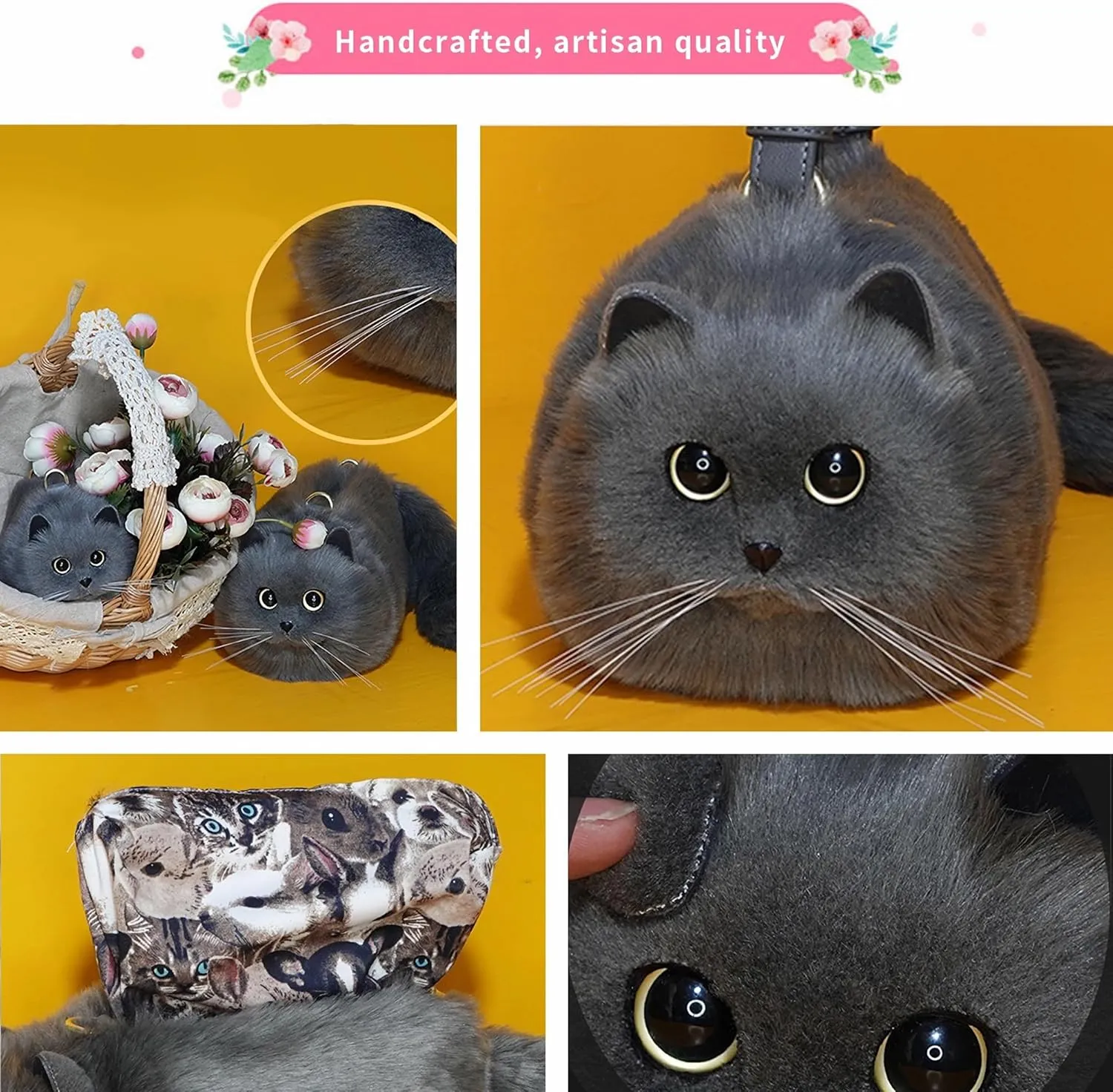 HUIJUFU Realistic Puffy Plush Cat Shaped Crossbody Handbag for Women
