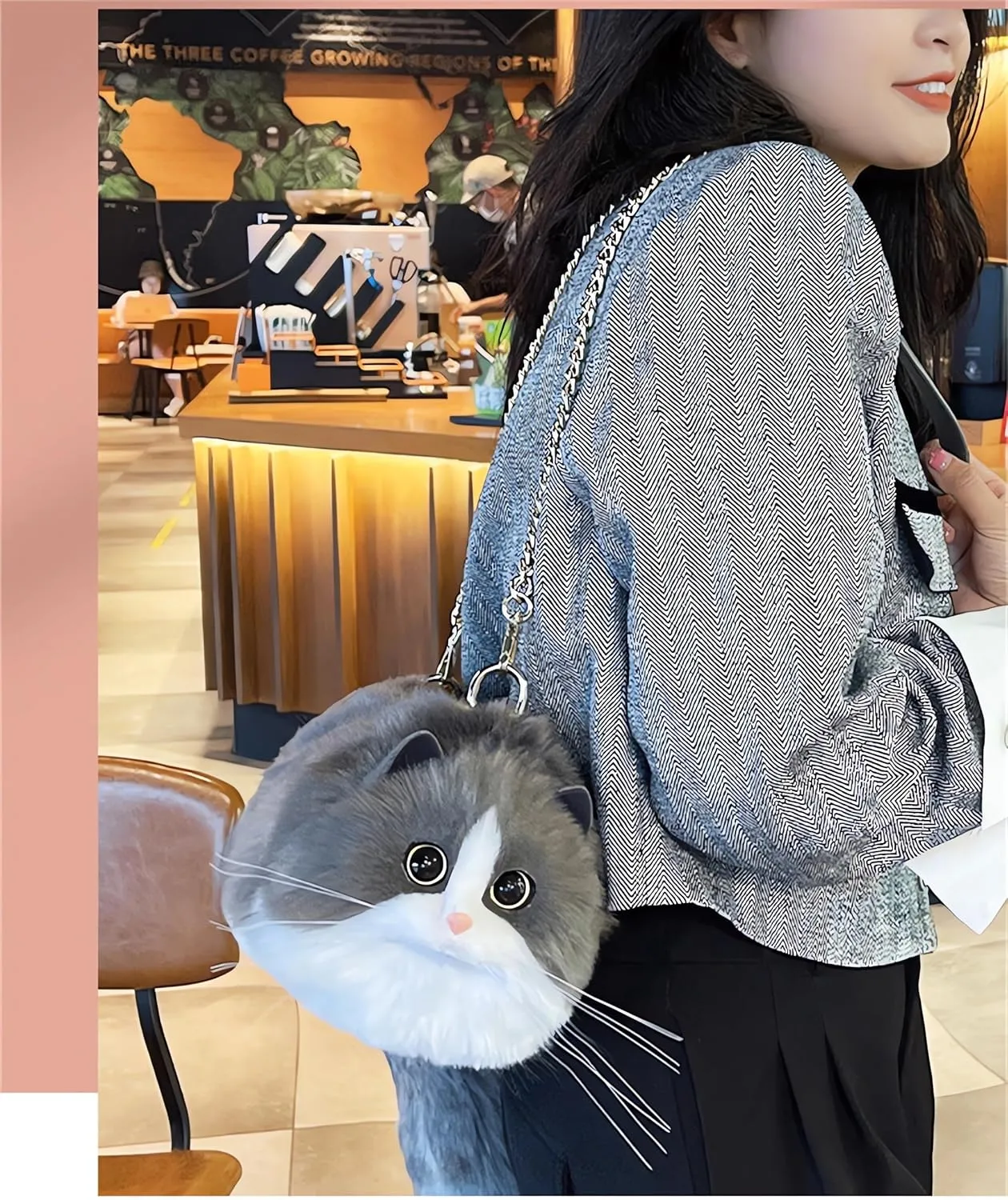 HUIJUFU Realistic Puffy Plush Cat Shaped Crossbody Handbag for Women