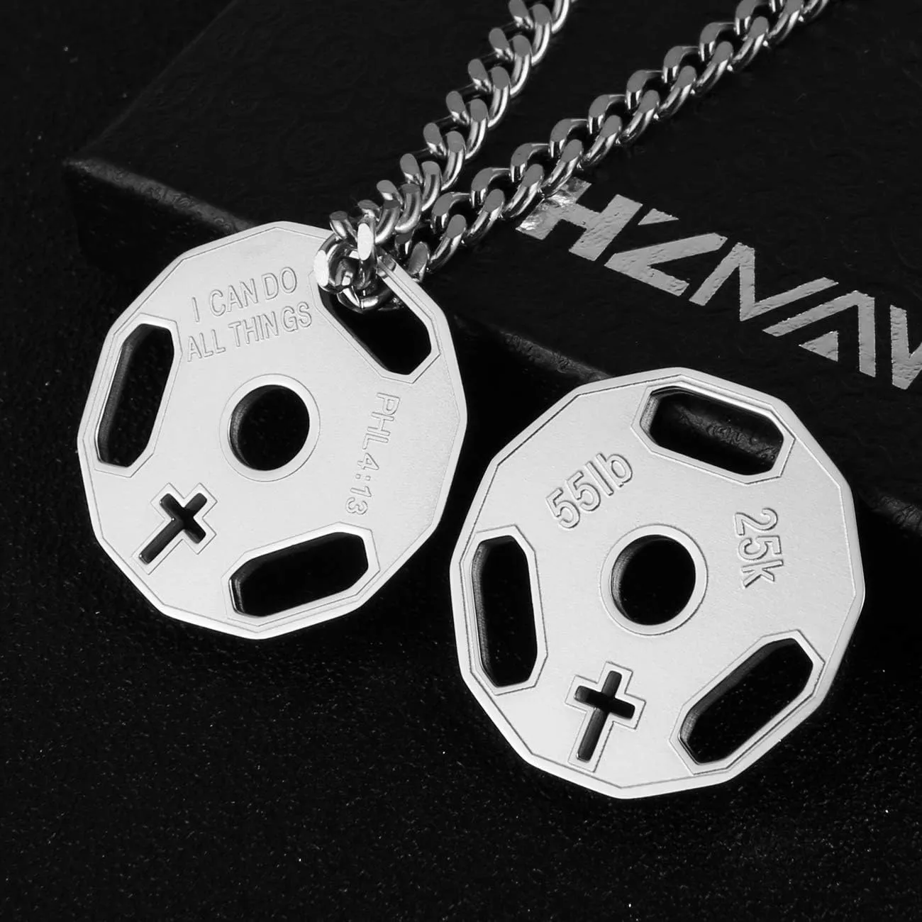 HZMAN Mens Fashion Stainless Steel Fitness Gym Dumbbell Weight Plate Barbell Chain Pendant Necklace