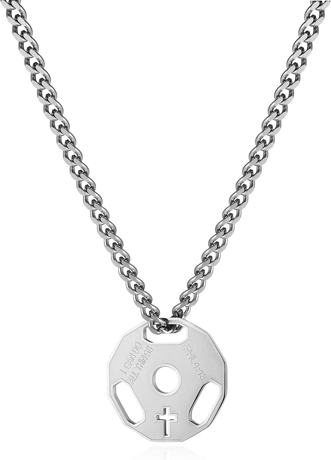 HZMAN Mens Fashion Stainless Steel Fitness Gym Dumbbell Weight Plate Barbell Chain Pendant Necklace