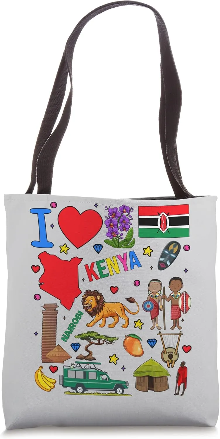 I love Kenya. Hand drawn Kenyan Landmarks, flag and map Tote Bag