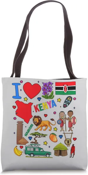 I love Kenya. Hand drawn Kenyan Landmarks, flag and map Tote Bag