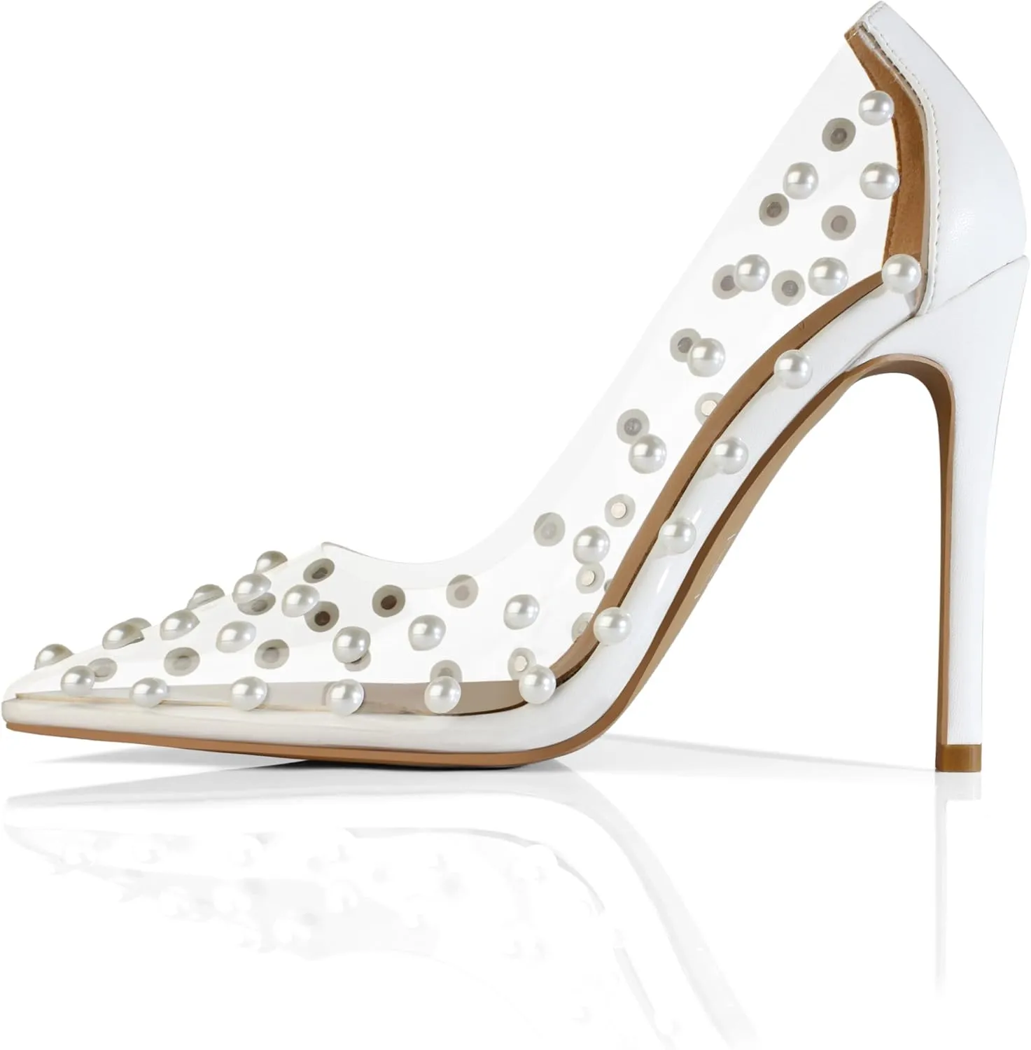 iadore Women's Pumps,11cm Pointed Toe Women High Heel Shoes Fashion Pearl Studded PVC Clear Heels Party Dress Pump Shoes
