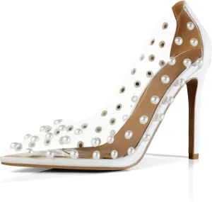 iadore Women's Pumps,11cm Pointed Toe Women High Heel Shoes Fashion Pearl Studded PVC Clear Heels Party Dress Pump Shoes
