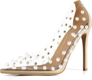 iadore Women's Pumps,11cm Pointed Toe Women High Heel Shoes Fashion Pearl Studded PVC Clear Heels Party Dress Pump Shoes