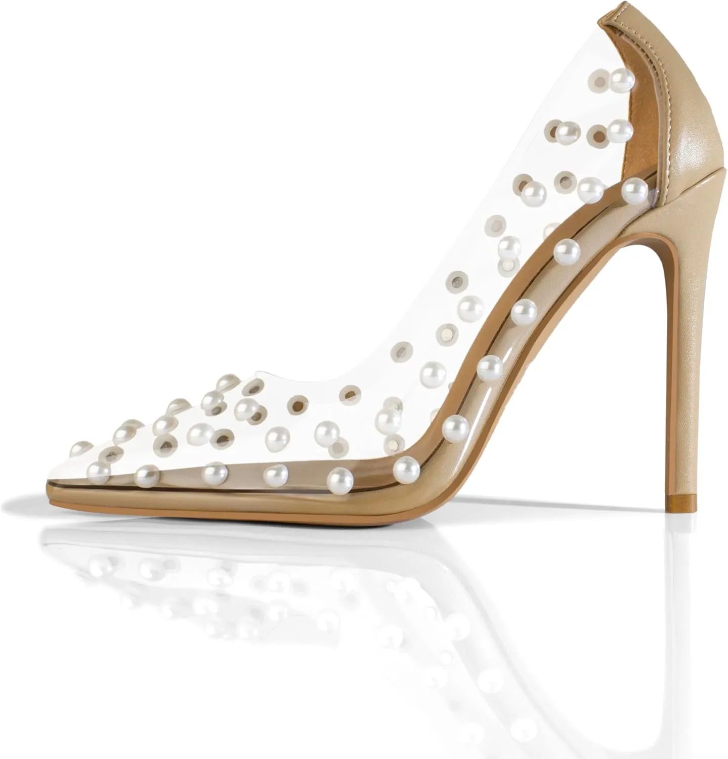 iadore Women's Pumps,11cm Pointed Toe Women High Heel Shoes Fashion Pearl Studded PVC Clear Heels Party Dress Pump Shoes