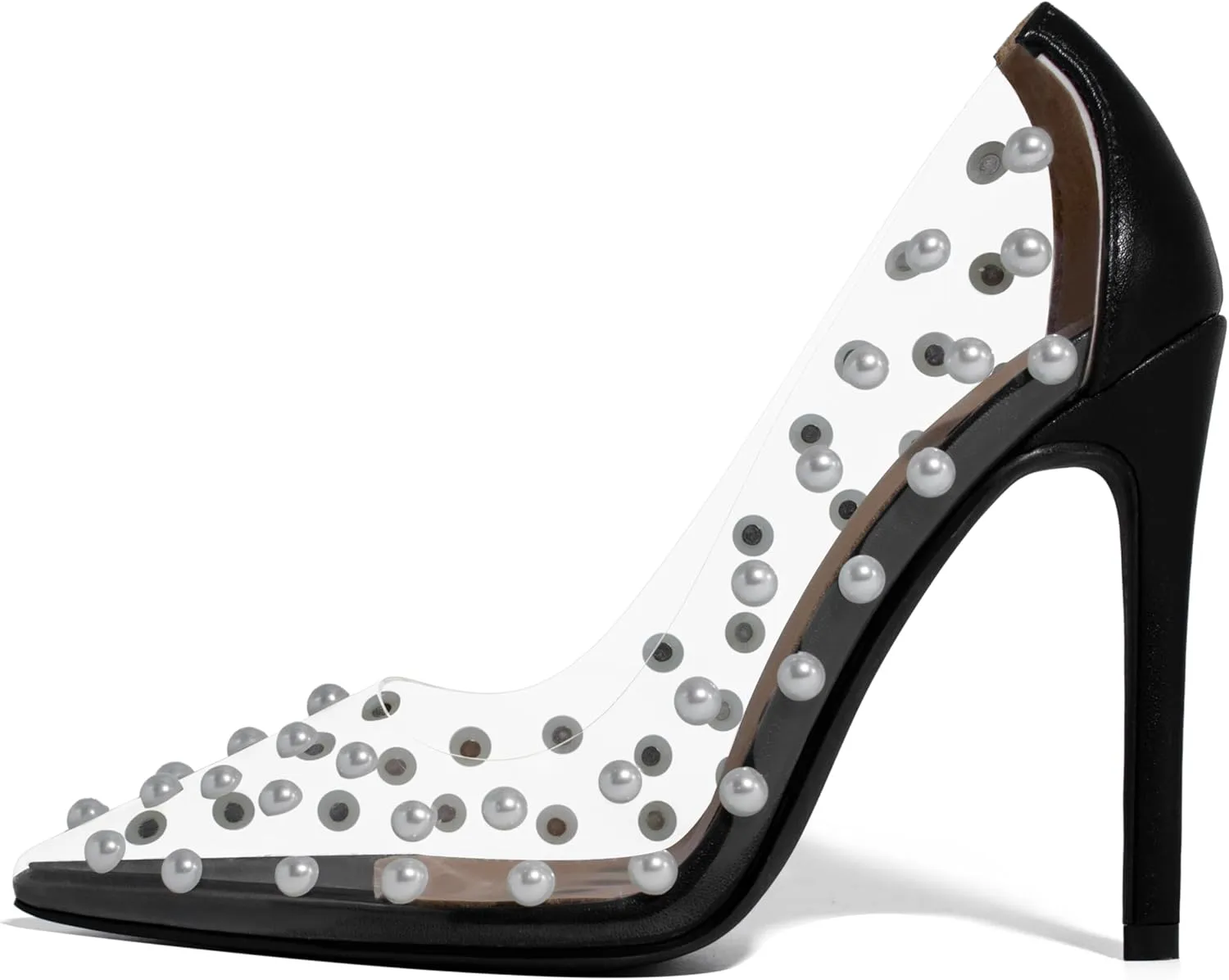 iadore Women's Pumps,11cm Pointed Toe Women High Heel Shoes Fashion Pearl Studded PVC Clear Heels Party Dress Pump Shoes