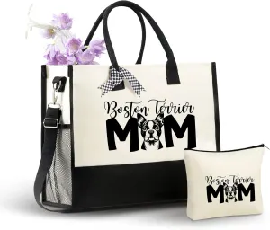 InnoBeta Boston Terrier Gifts for Women Canvas Tote Bag, Boston Terrier Gifts Tote with Top Zipper Closure and Shoulder Strap for Birthday, Mother's Day, Christmas