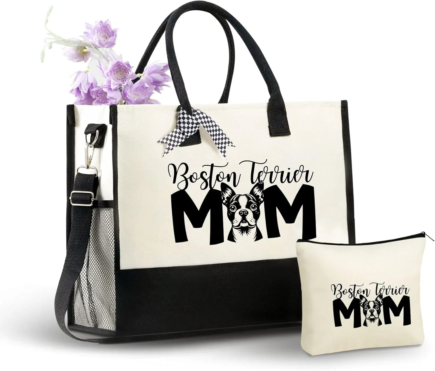 InnoBeta Boston Terrier Gifts for Women Canvas Tote Bag, Boston Terrier Gifts Tote with Top Zipper Closure and Shoulder Strap for Birthday, Mother's Day, Christmas