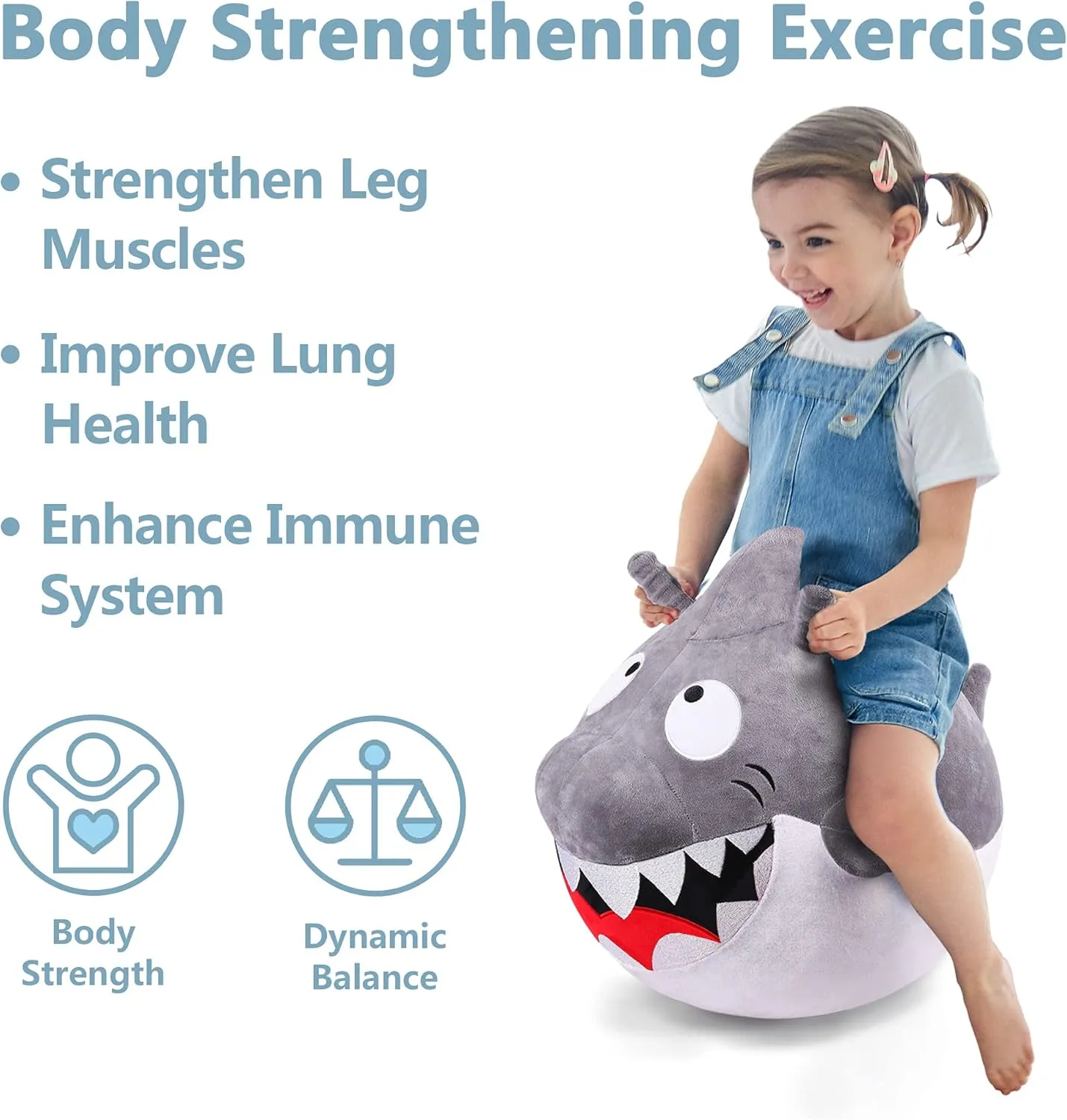 iPlay, iLearn Bouncy Pals Kids White Shark Hopper Ball, Toddler Ride on Bounce Toy, Outdoor Indoor Inflatable Jumping Animal W/Handle, Bouncing Hop Jumper, Birthday Gift for 2 3 4 5 Year Old Boy Girl