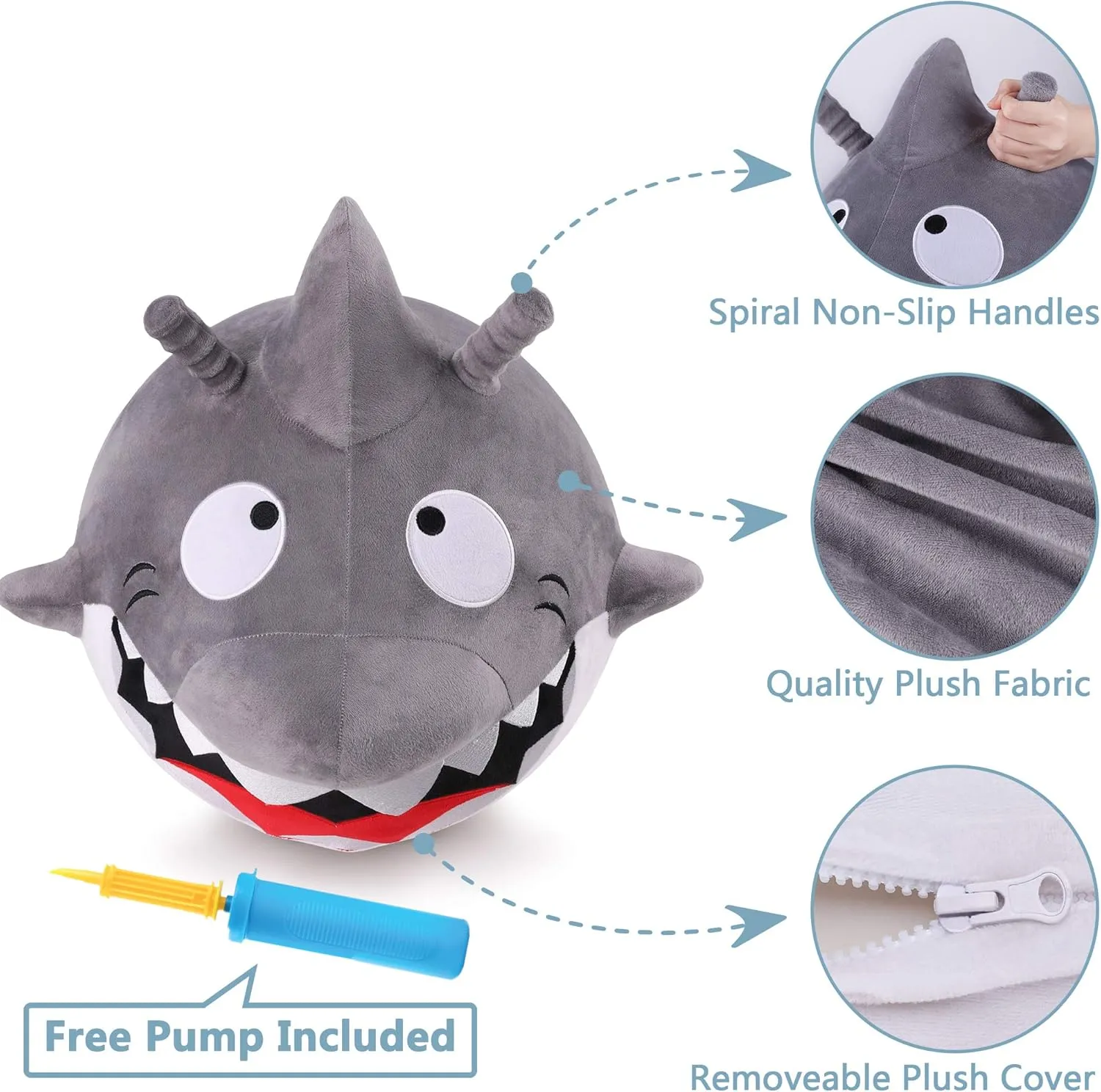 iPlay, iLearn Bouncy Pals Kids White Shark Hopper Ball, Toddler Ride on Bounce Toy, Outdoor Indoor Inflatable Jumping Animal W/Handle, Bouncing Hop Jumper, Birthday Gift for 2 3 4 5 Year Old Boy Girl