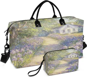 Iris Path Cottage White Sports Gym Bag for Women Men Travel Duffel Bag Weekend Overnight Carry on Bag with Toiletry Bag Training Handbag for Workout Swimming Yoga Plane Hospital