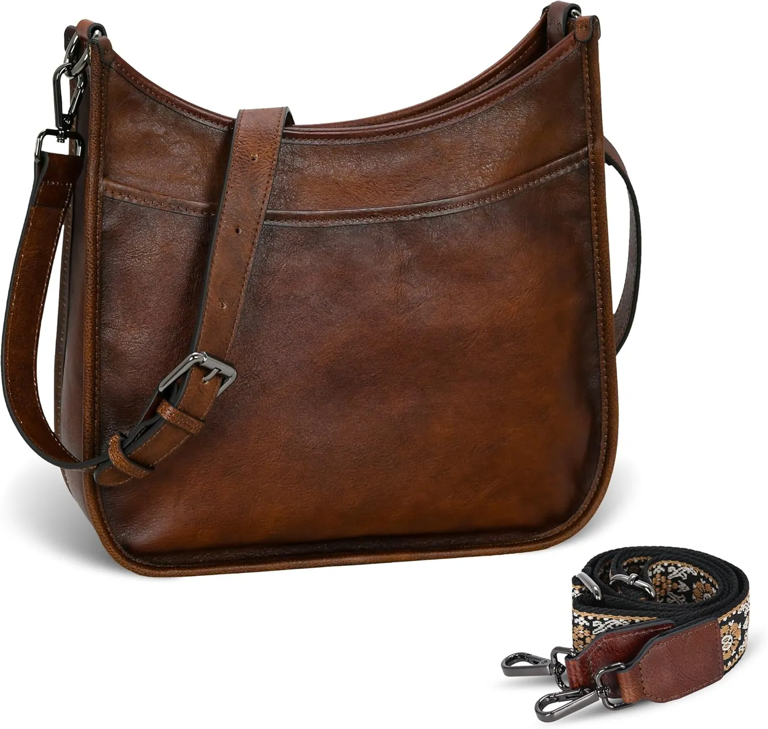 Iswee Crossbody Bags for Women Genuine Leather Purses Vintage Shoulder Handbags Travel Cross Body Bag with Boho Strap