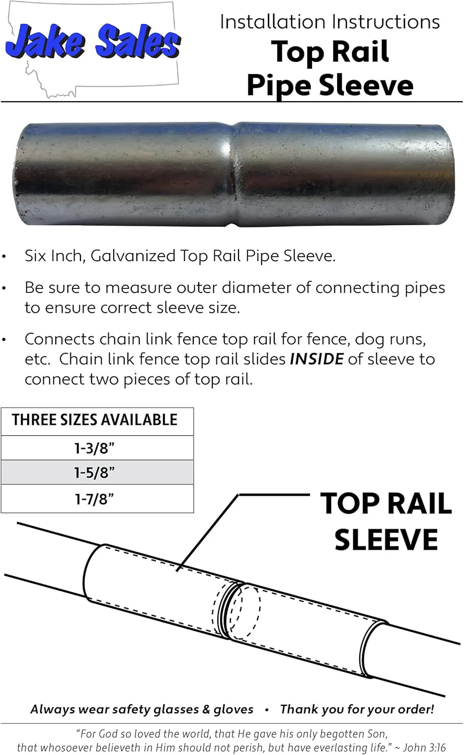 Jake Sales Chain Link Fence TOP RAIL SLEEVE: 1-7/8" X 6" Chain link Fence Galvanized Top Rail Sleeve. Each