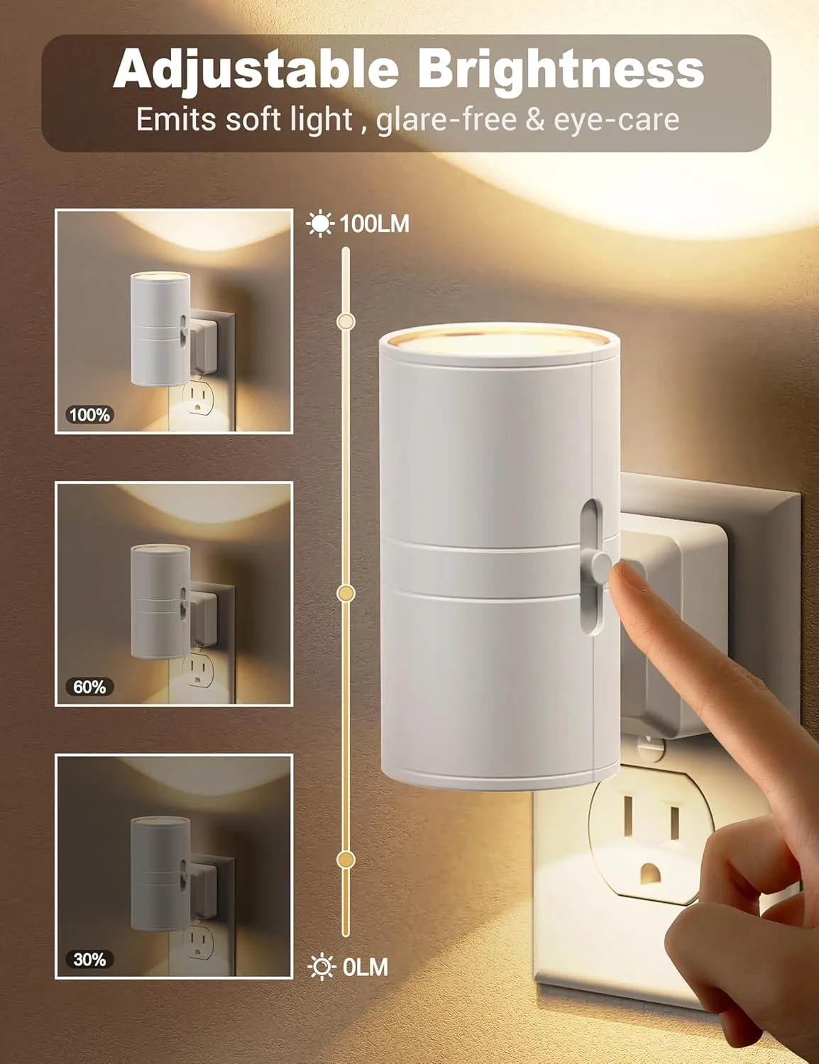 JandCase Night Lights Plug into Wall, Dimmable Night Light Plug in, Modern Night Light Dusk to Dawn Light Sensor, Warm White 3000K, 0-100LM Adjustable Brightness Nightlight for Hallway Bedroom, 2 Pack