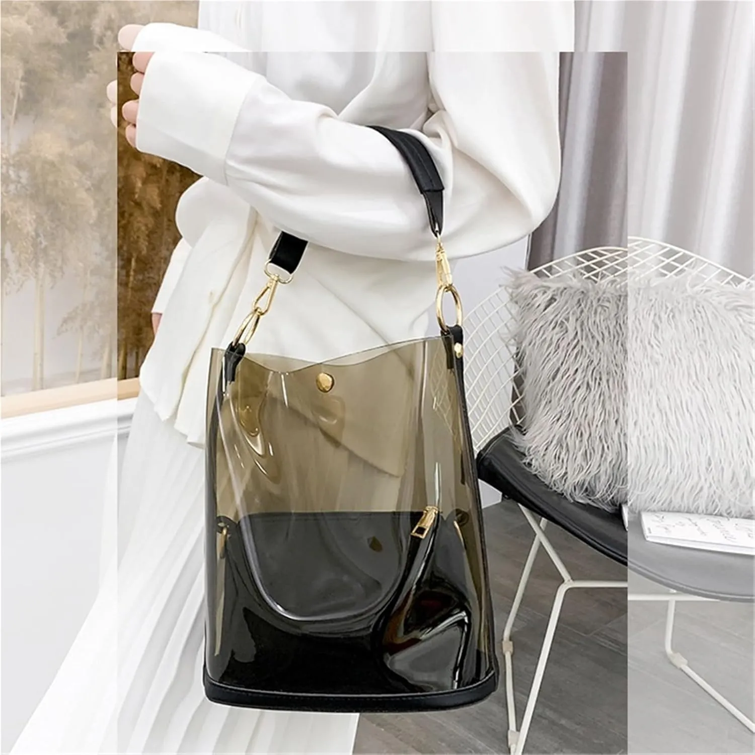 Jelly Bags Jelly Purses Clear PVC Transparent Tote Bag for Women 2 in 1Beach Large Shoulder Handbags Crossbody Bag(Black)