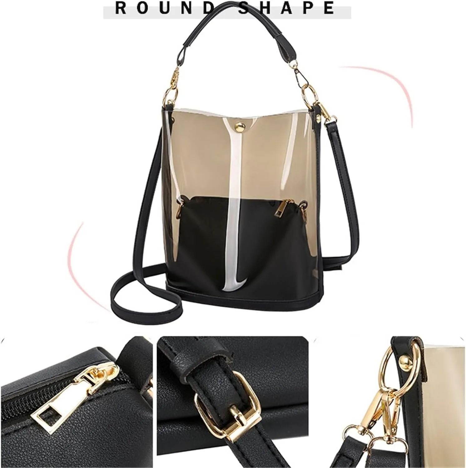 Jelly Bags Jelly Purses Clear PVC Transparent Tote Bag for Women 2 in 1Beach Large Shoulder Handbags Crossbody Bag(Black)