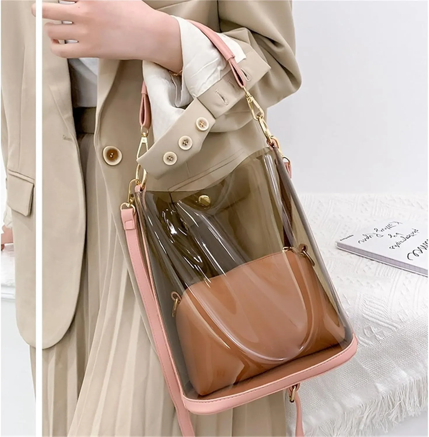 Jelly Bags Jelly Purses Clear PVC Transparent Tote Bag for Women 2 in 1Beach Large Shoulder Handbags Crossbody Bag(Pink)