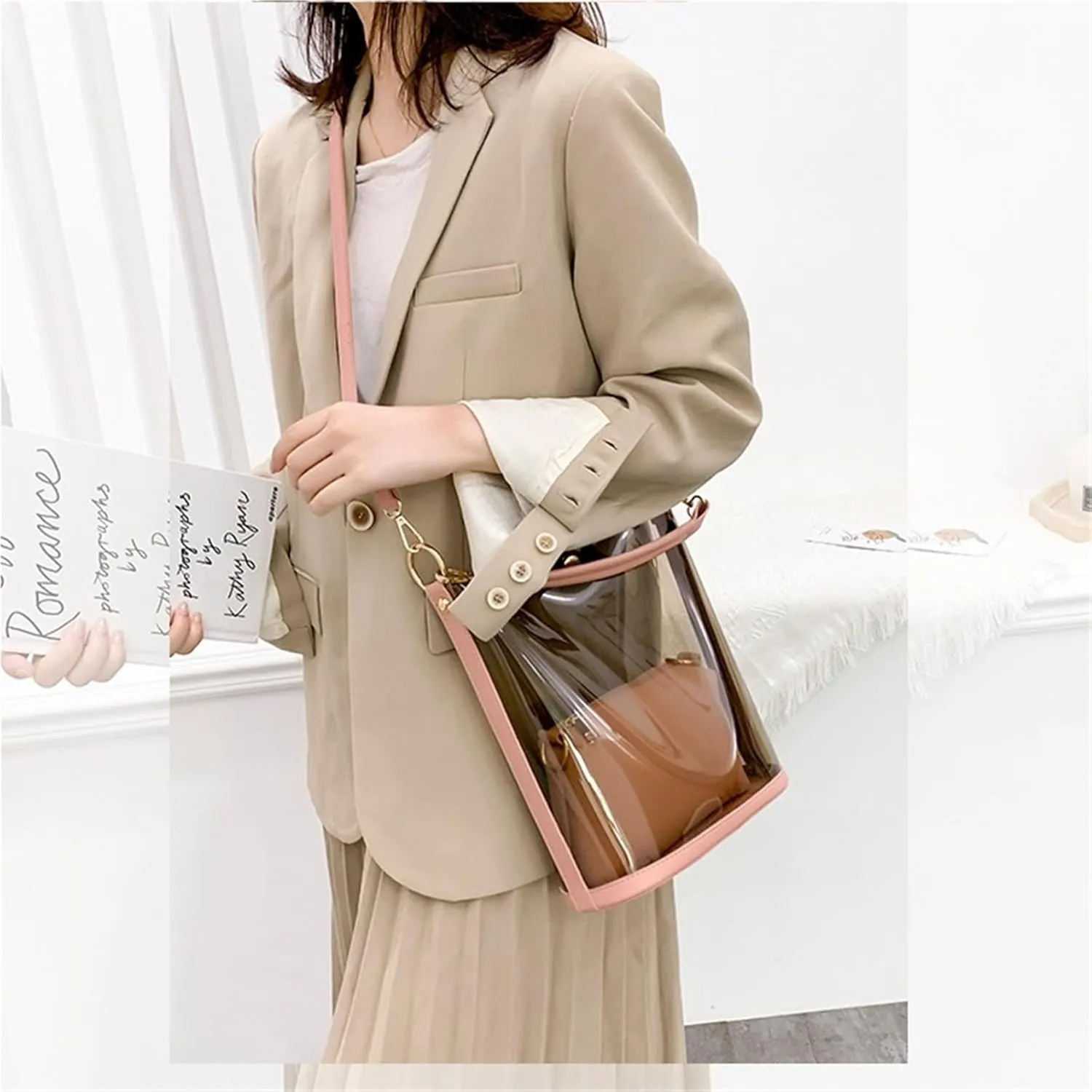 Jelly Bags Jelly Purses Clear PVC Transparent Tote Bag for Women 2 in 1Beach Large Shoulder Handbags Crossbody Bag(Pink)