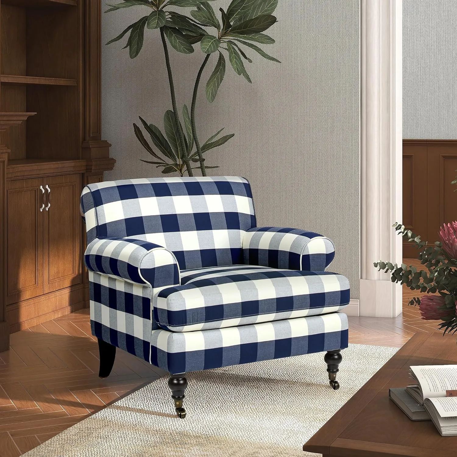 Jennifer Taylor Home Alana 38" Lawson Accent Arm Chair Metal Casters, Blue Lattice Woven