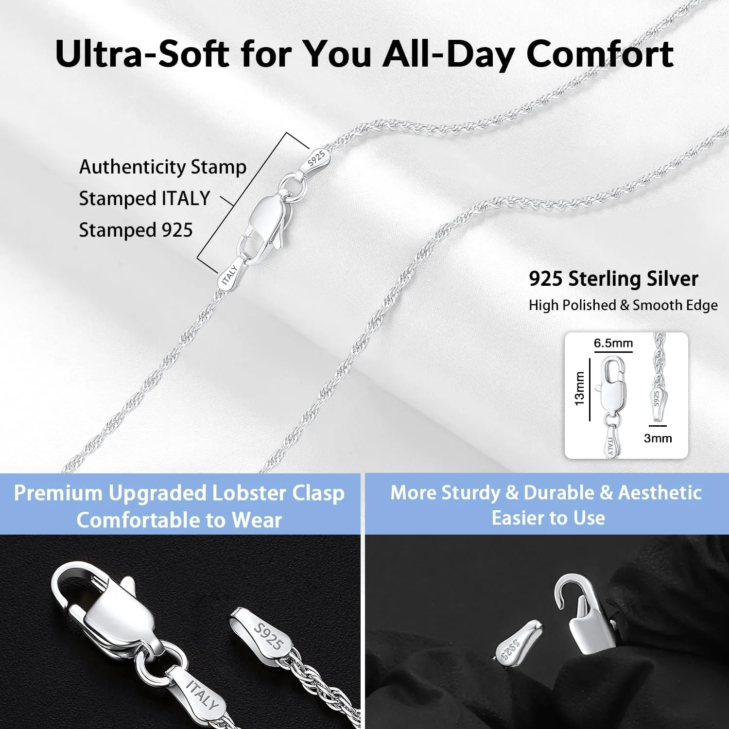 Jewlpire Italian 1.5mm Rope Chain 925 Sterling Silver Chain Necklace for Women, 14K Plated Gold Chain for Women Dainty & Sturdy Women's Chain Necklaces, 16 18 20 22 24 26 Inch