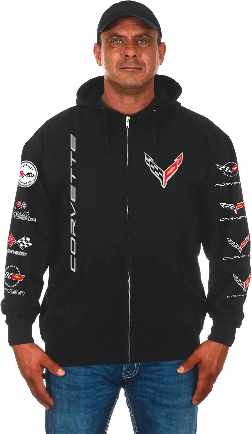 JH DESIGN GROUP Men's Chevy Corvette C8 Collage Zip-Up Hoodie Black Sweatshirt