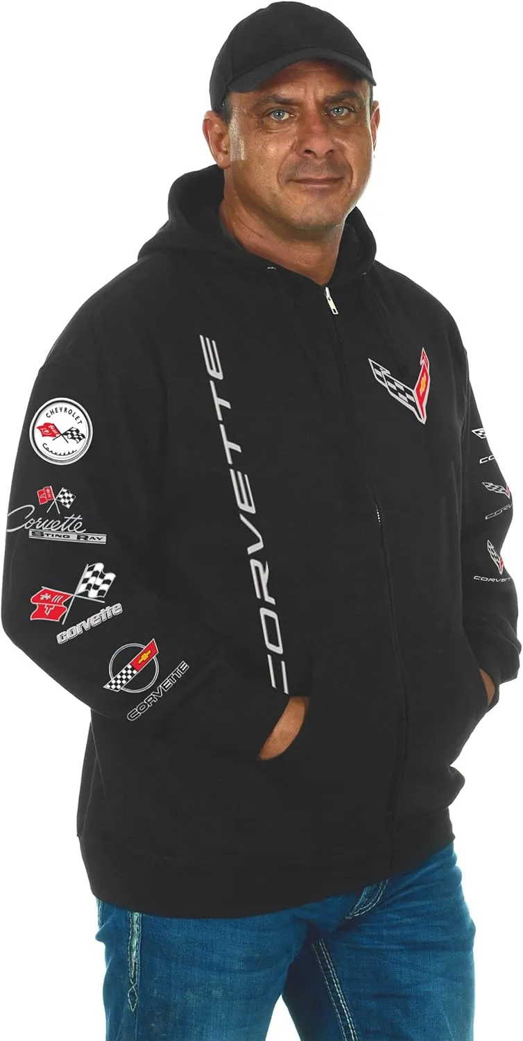 JH DESIGN GROUP Men's Chevy Corvette C8 Collage Zip-Up Hoodie Black Sweatshirt