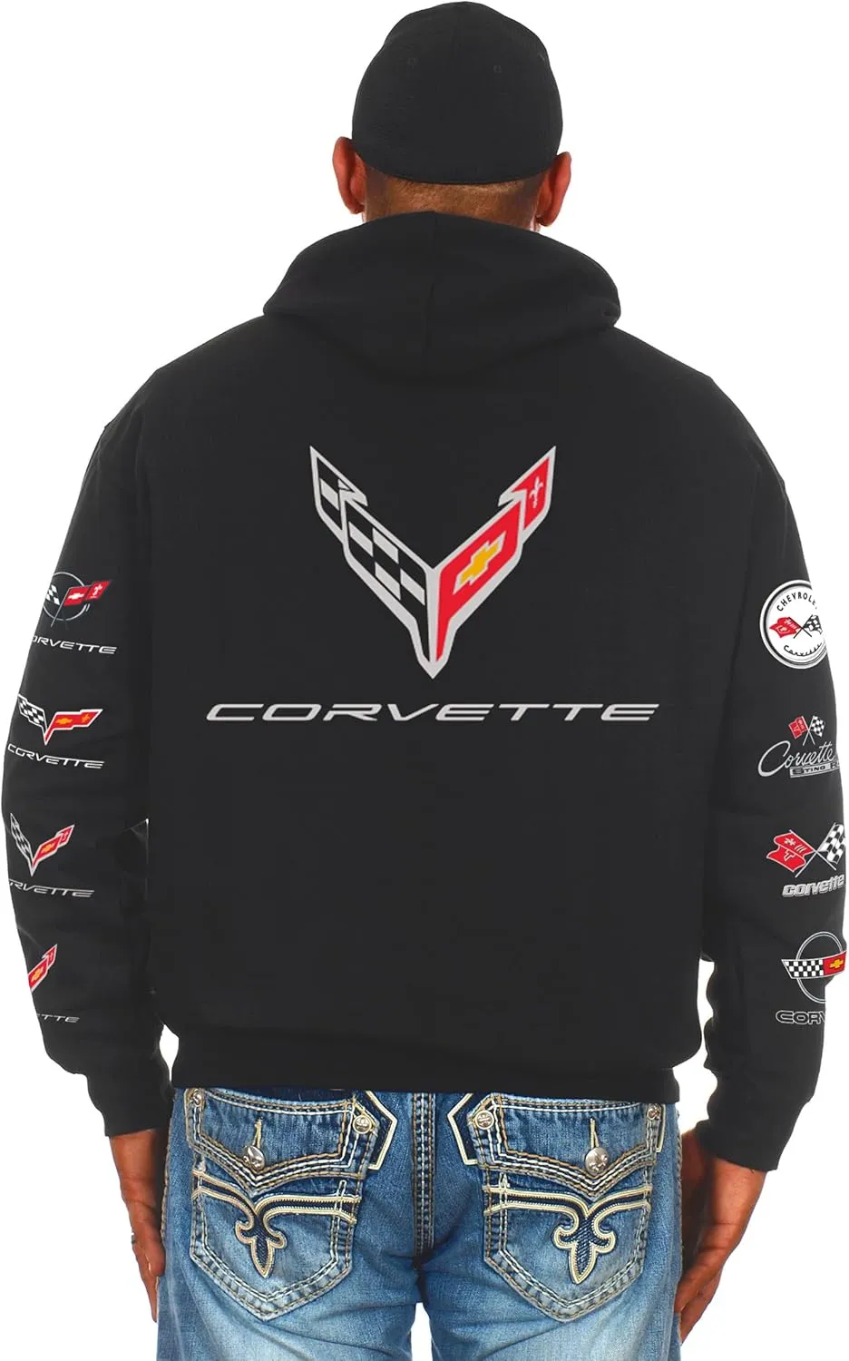 JH DESIGN GROUP Men's Chevy Corvette C8 Collage Zip-Up Hoodie Black Sweatshirt