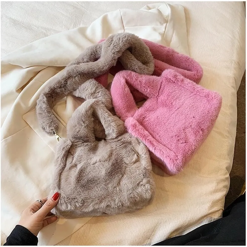JHTPSLR Furry Tote Bag for Women - Soft Plush Crossbody Shoulder Bag - Winter Casual Fuzzy Tote
