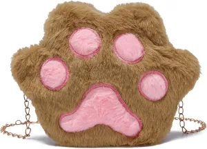 JHVYF Girls Cute Plush Crossbody Bag Kawaii Cat's Paw Shoulder Purse for Women Cell Phone Wallet Handbags Brown