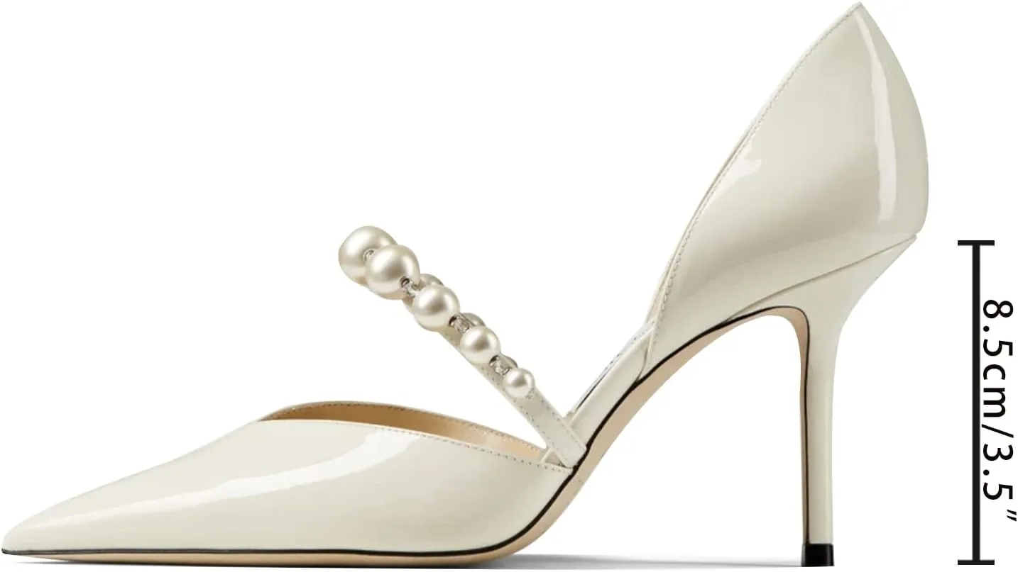 JiaBinji Women Pearl Heels Strappy Sandals Pointed Toe Backless Stiletto Slip On Pumps Dress Bridal Party Pumps