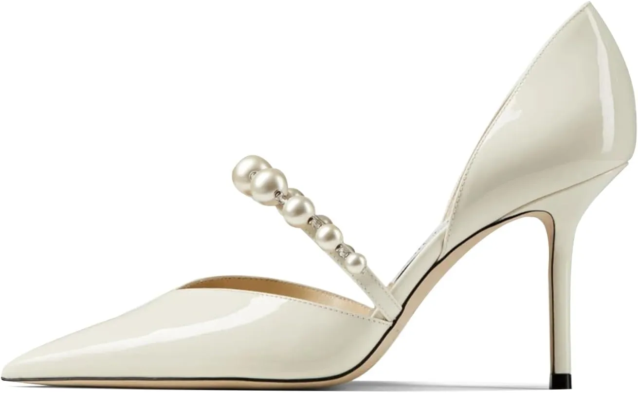 JiaBinji Women Pearl Heels Strappy Sandals Pointed Toe Backless Stiletto Slip On Pumps Dress Bridal Party Pumps