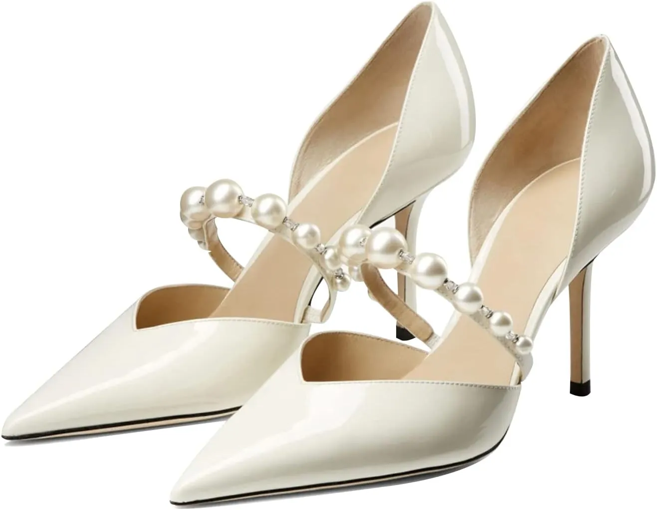 JiaBinji Women Pearl Heels Strappy Sandals Pointed Toe Backless Stiletto Slip On Pumps Dress Bridal Party Pumps
